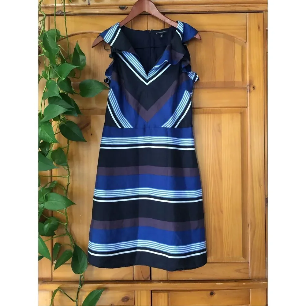 BANANA REPUBLIC  Striped Ruffle Lined 100% Silk A-Line Dress Size 6